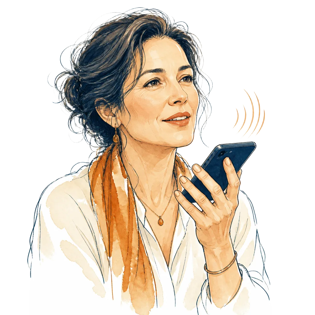Illustration of a daughter speaking a question into her phone, recording it in her own voice.