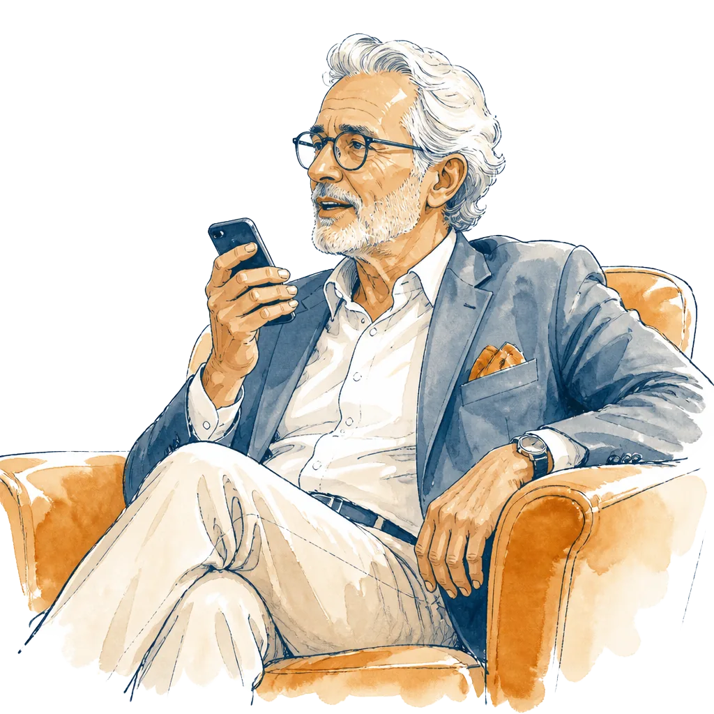Illustration of an older man listening to his daughter's recorded question, about to reply.